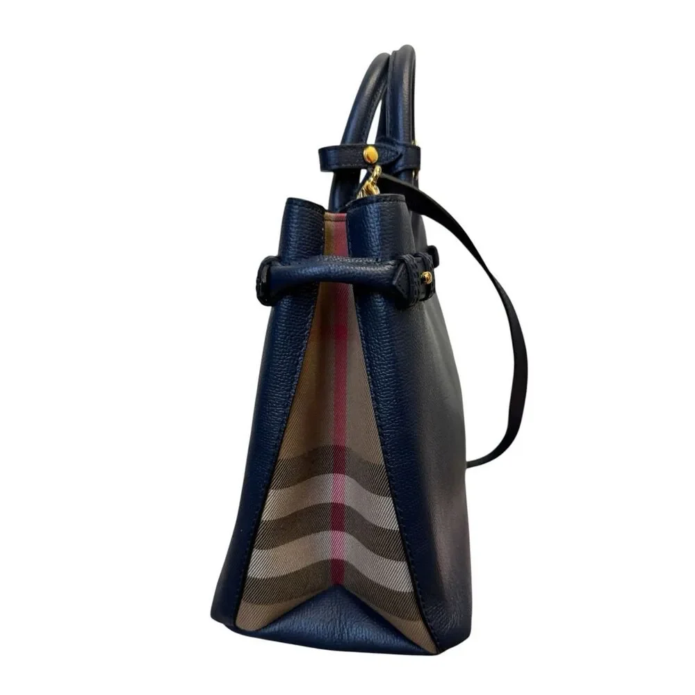 Burberry Navy Blue Saffiano Pebbled Leather Nova Check 2way Banner Satchel Ex+